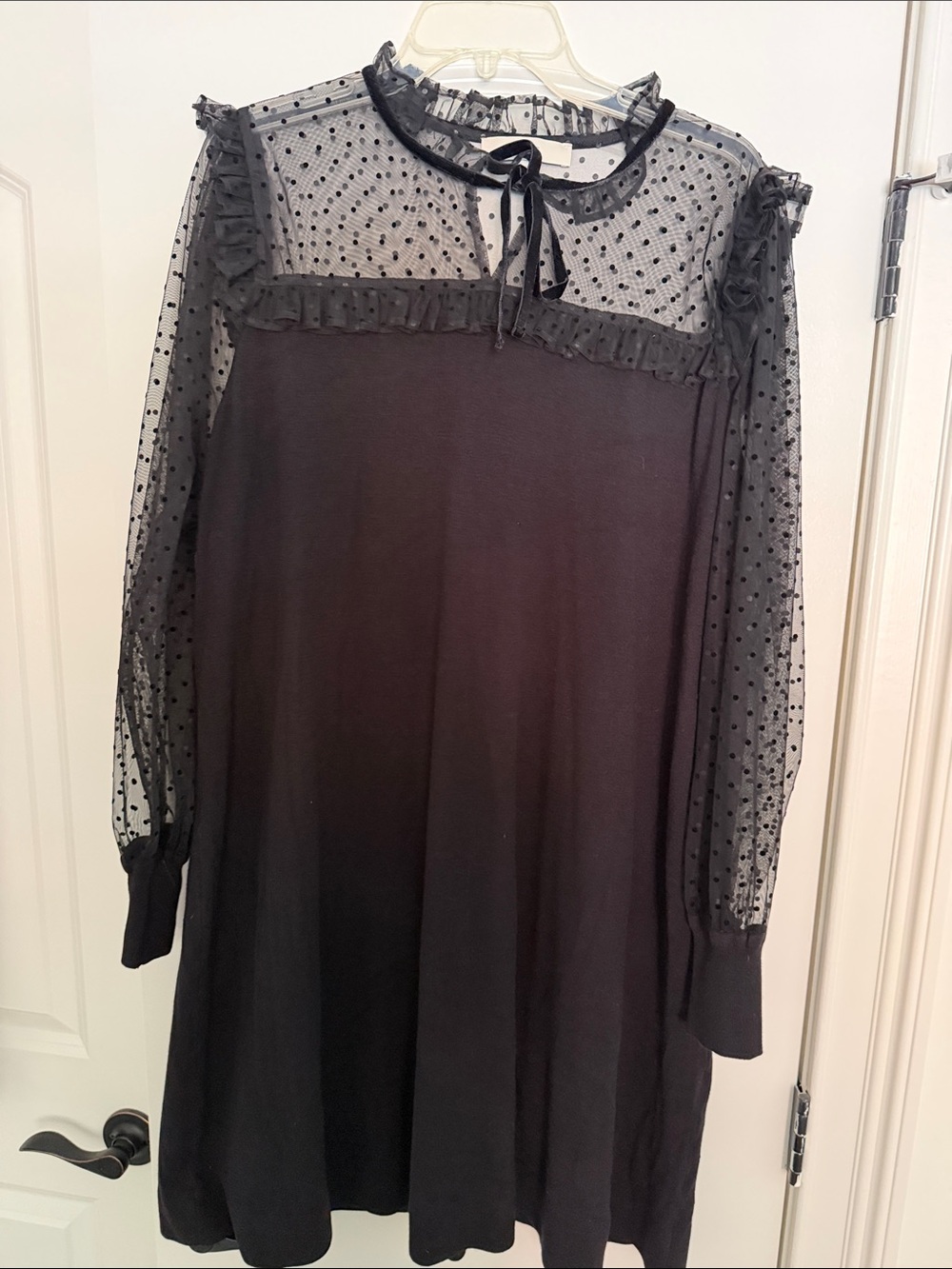 LOFT Black Polka Dot Mesh Yoke Long Sleeve Dress